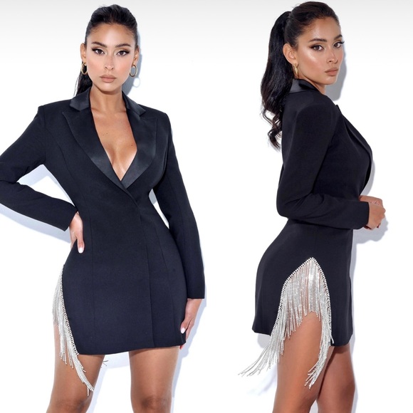 Diamond Girl Crystal Fringe Blazer Side Split Dress - Picture 3 of 9